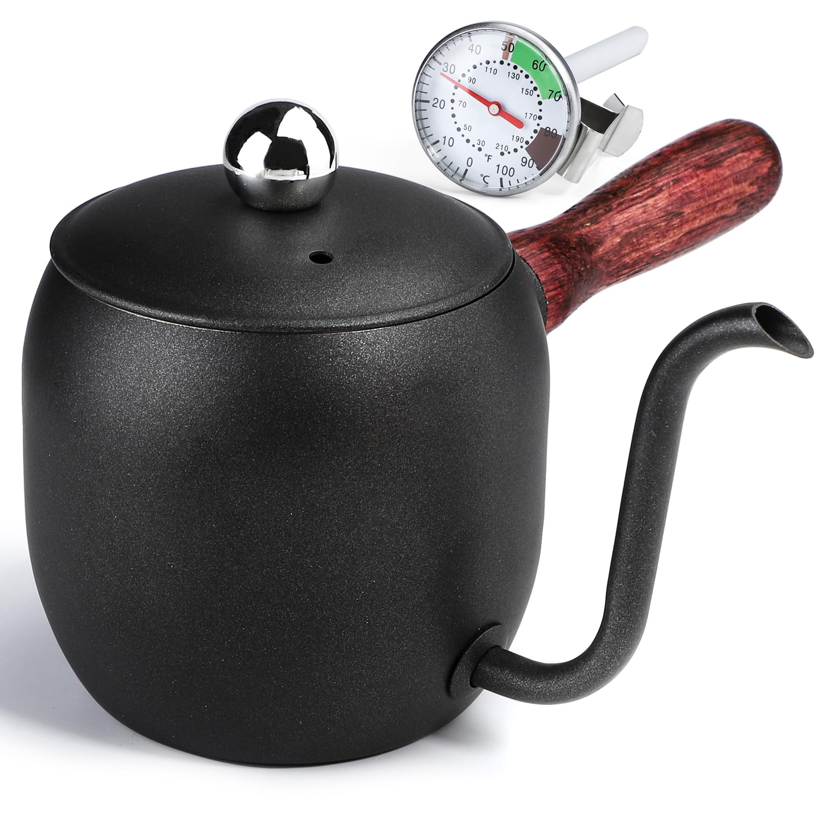 

Coffee Drip Pot, Gas and Induction Compatible, Narrow Spout, Stainless Steel, with Lid, Wood Grain Handle, and Thermometer, 500ml