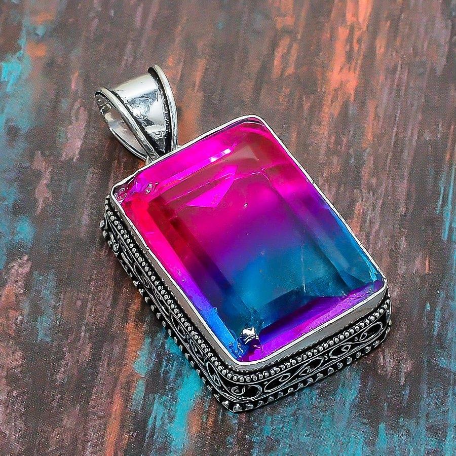 Bi-Color Tourmaline Gemstone  925 Sterling Silver Handmade Jewelry Pendant For Christmas