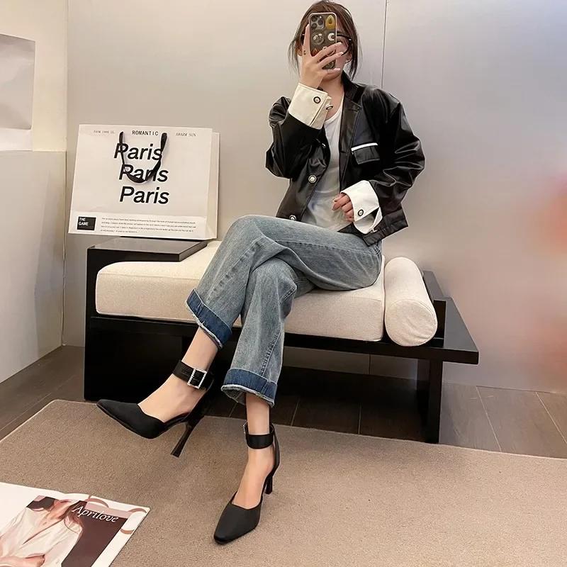 High Heels Sandals Women's Cross Silk Ribbon with Square Buckle Pointed Hollow Thin Heels Simple High Heels Women Shoes