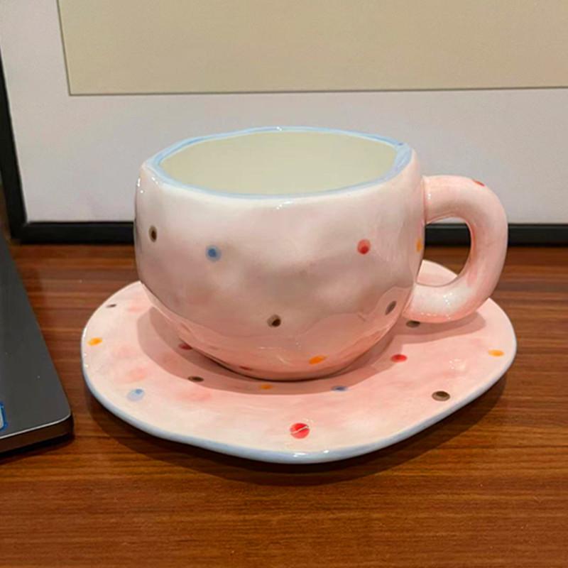 Korean Ins Style Hand-painted Love Ceramic Cup and Saucer Couple, Underglaze Color Irregular Coffee Cup and Saucer Afternoon Tea