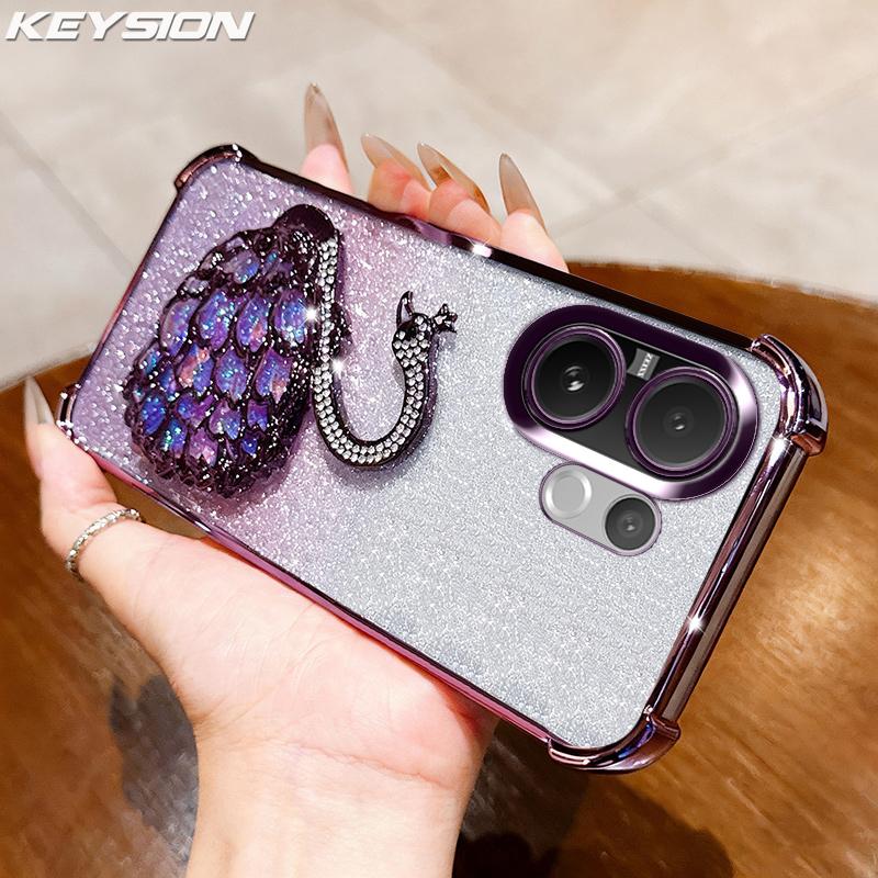 KEYSION Shockproof Plating Phone Case for VIVO V60 5G Clear Soft TPU Glitter Jewelled Swan Kickstand Back Cover for VIVO V60
