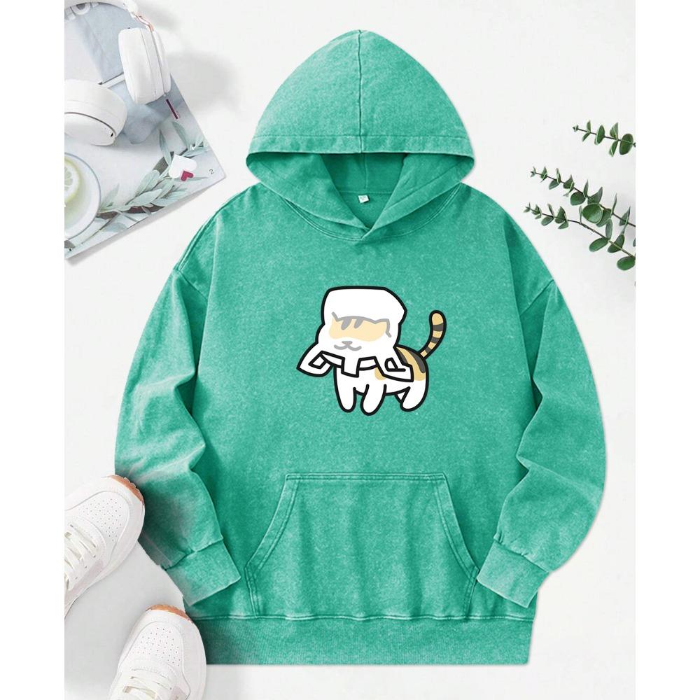 The Cat'S Head Is Wrapped In A Bag Printed Women Washed Hoodie Street Hoody Loose Pocket Tops Cotton Pullovers