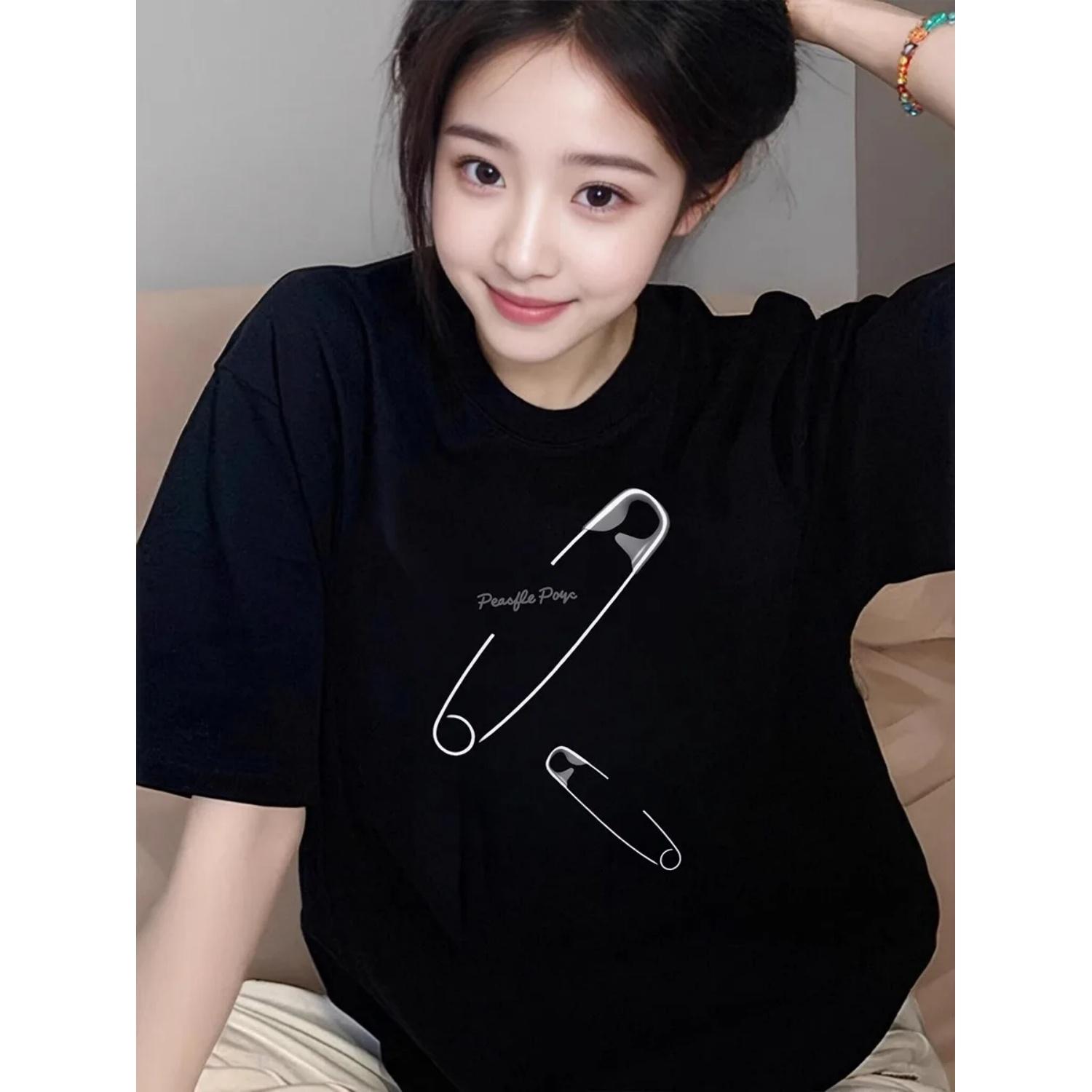 

Черная нишевая дизайнерская футболка с круглым вырезом, простая модная женская футболка, подходит для лета, женские повседневные топы с коротким рукавом, нейтральные S чёрный