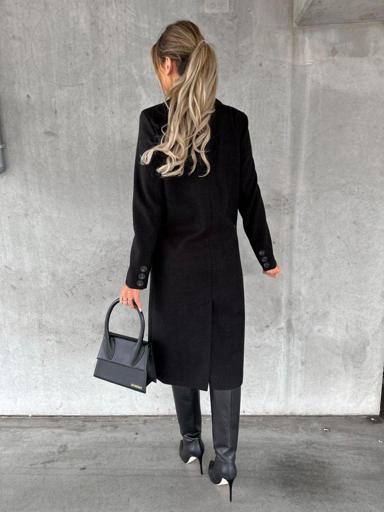 Women's Spring 2025 Versatile Woolen Double-Breasted Long Sleeve Coat with Welt Pockets