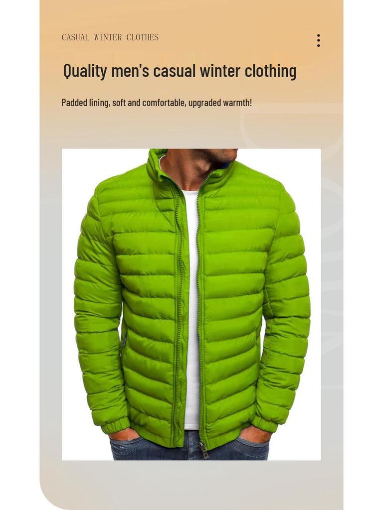 2024 Winter European Men's Stand Collar Cotton Jacket, Solid Color, Plus Size Casual Outerwear