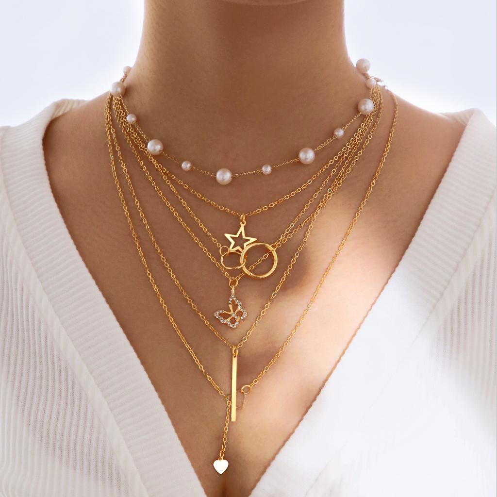 3Pcs/Set Bowknot Beads Pendant Necklace for Women Elegant Gold Color Multilayer Necklaces Sets Fashion Summer Waterproof Jewelry