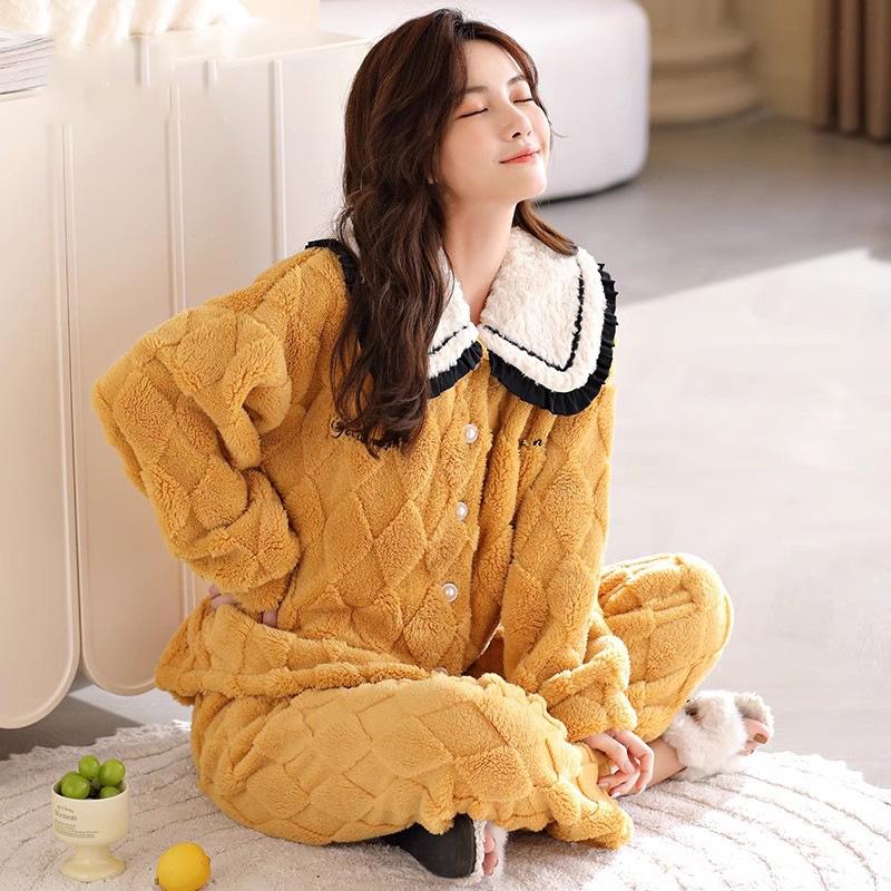 Pajama Women's Autumn/Winter Coral Velvet Set New Women's Flannel and Fleece Thickened Warm Home Wear
