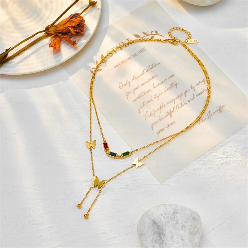 Gold Double Layer Butterfly Necklace with Colorful Gems, Dainty Y-Necklace for Women Summer Jewelry Gift золотой