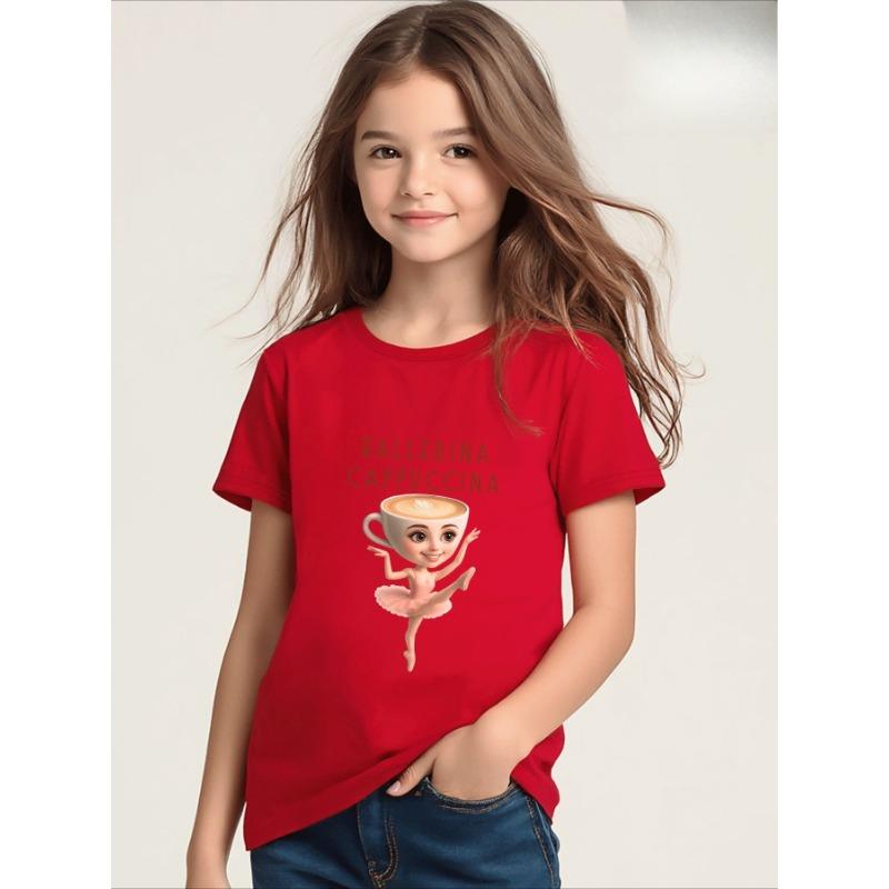 

Дівчача балетна кавова BALLERINA CAPPUCCINA з коротким рукавом, круглим вирізом, літня мультяшна повсякденна футболка для дівчаток, звичайна модна футболка 120