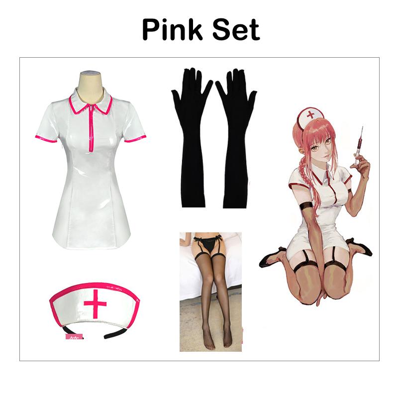 

Макима Человек-бензопила Костюм медсестры Косплей Костюм из ПУ Парик Карнавал Хэллоуин PinkSet,S