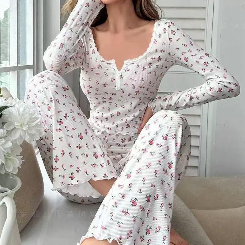 European & American Style Sexy Casual Autumn/Winter Long Sleeve Pajama Set - Women’s Two-Piece Long Pants Home Wear