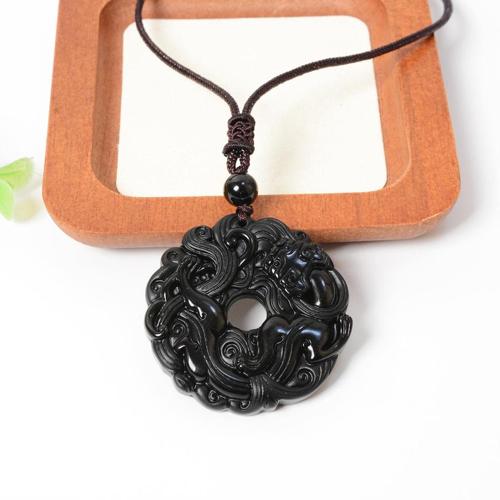 Unisex Obsidian Pixiu Grass Dragon Pendant - Crystal Ice Gold Black Peace Buckle