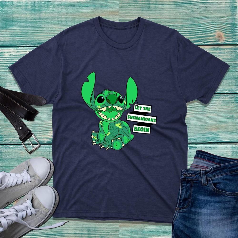 Lets Get Shenanigans Begin TShirt St Patricks Lilo Stitch Shamrock Top S