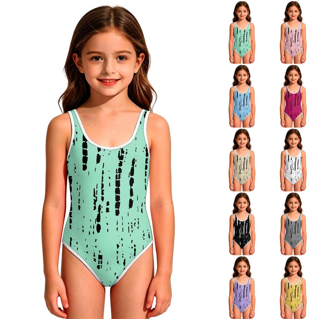 Girls One Piece Swimsuit Sleeveless Round Neck Patterned Swimwear Lightweight Quick Dry Fabric Suitable for Swimming and Beach Activities
