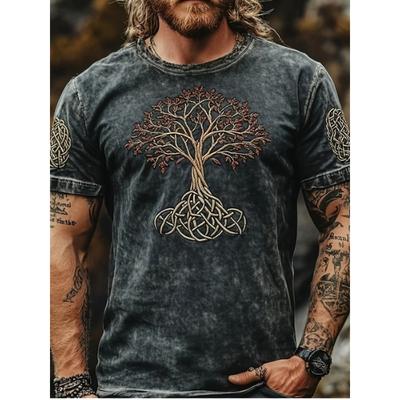Camiseta de Manga Corta Étnica de Moda para Hombre, Tono Retro Gris Oscuro, Estampado Árbol de la Vida, Decoración con Patrón Estilo Celta, Retro a la Moda
