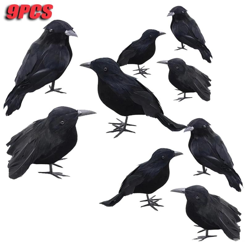 1-9PCS Artificial Black Raven Flocked Feathers Halloween Ghost Party Decoration Spooky Bird Model for Graveyard Scene Prop Favor