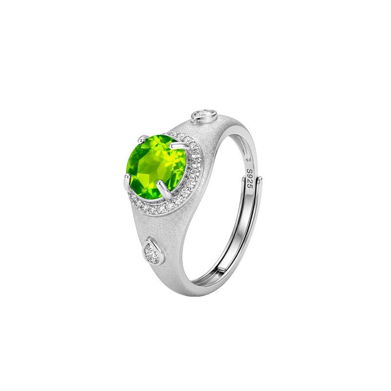 Natural colored treasure ring s925 silver brushed craft inlaid with olivine crystal stone light luxury niche gift for girlfriend
