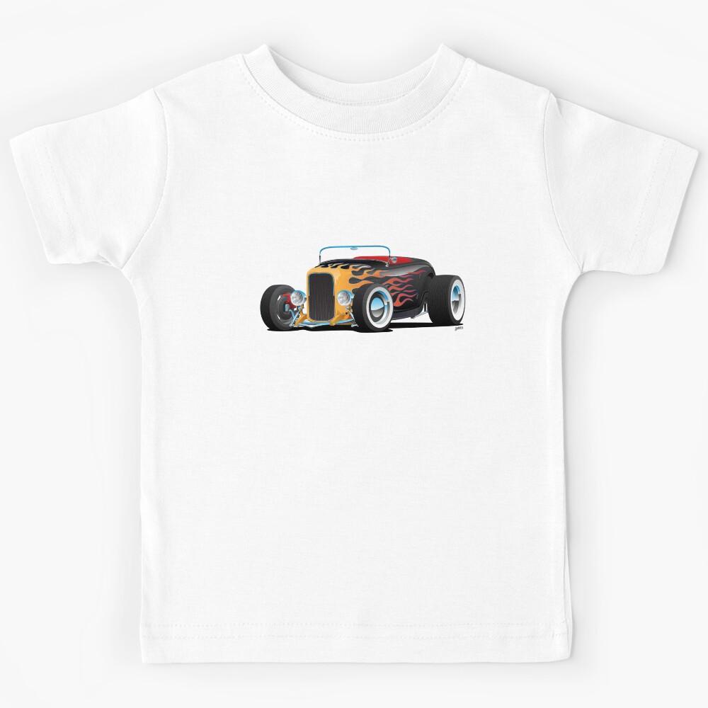 Custom Hot Rod Roadster Car with Flames, Chrome Rims and White Wall Tires Kids T-Shirt 100