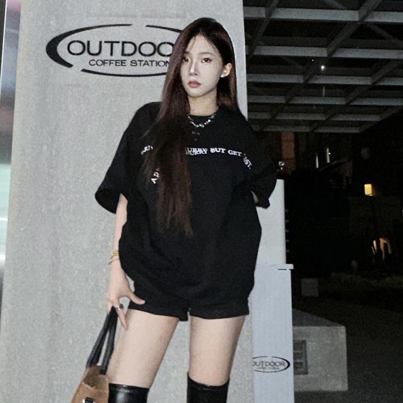 

Live cotton printing summer loose shoulder short-sleeved T-shirt XXXXL чорний