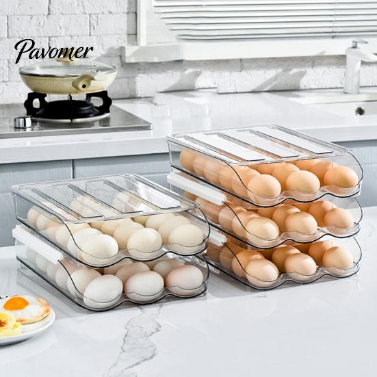 Space Saving Egg Storage Bin Stackable Box, 7 Degree Gentle Slope Design, Household Organizer for Fridge Transparent Plastic Container Refrigerator