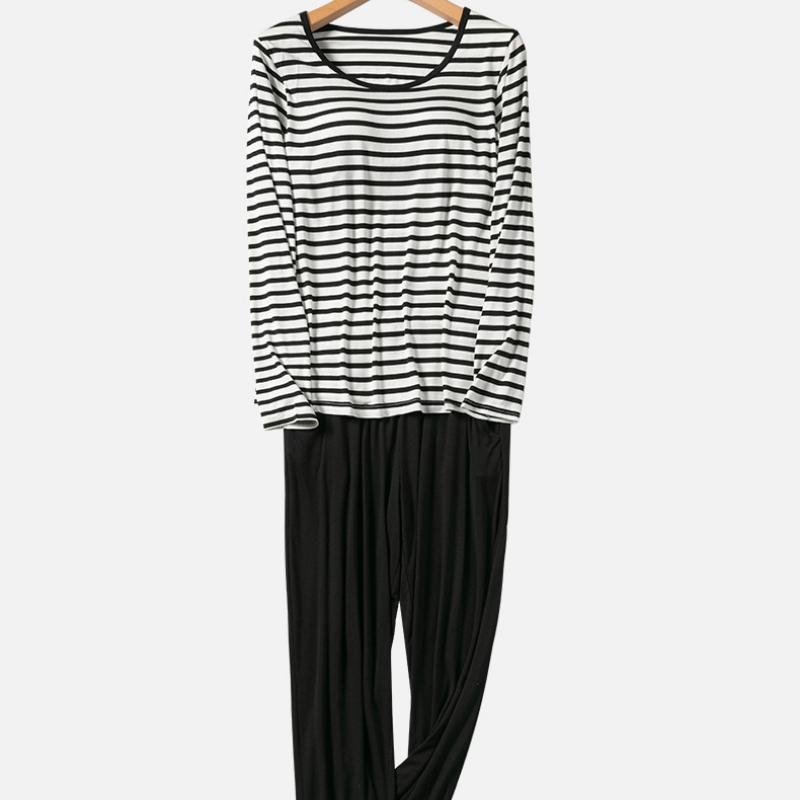 

Полосатые пижамы, женская домашняя одежда, корейский ретро, ​​повседневный базовый классический костюм-двойка с нагрудником, комплект брюк с длинными рукавами XL чёрный