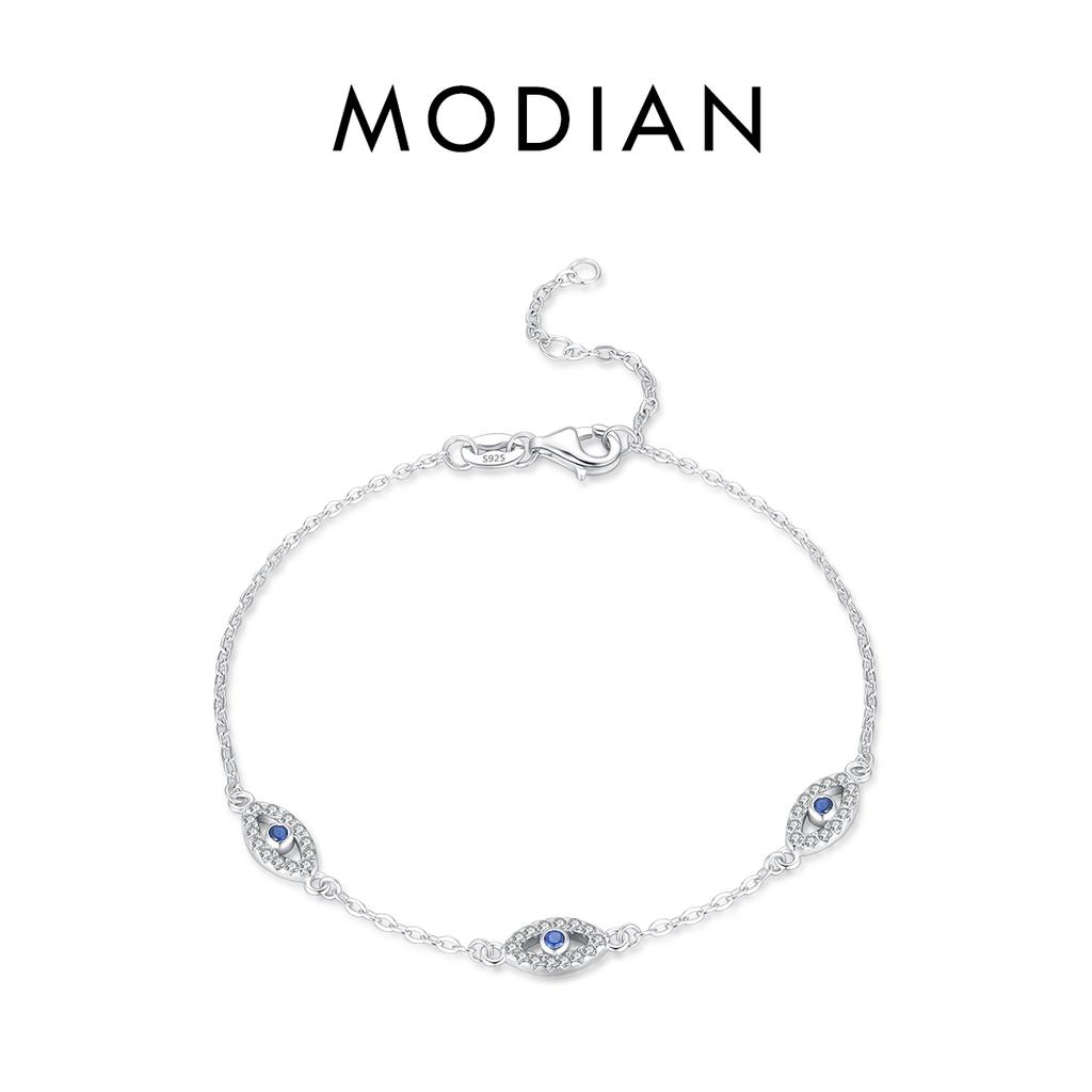 MODIAN Pure 925 Silver Luxury Turquoise Blue Eyes Clear Cubic Zircon Crystal Link Chain Bracelet For Women Fine Jewelry