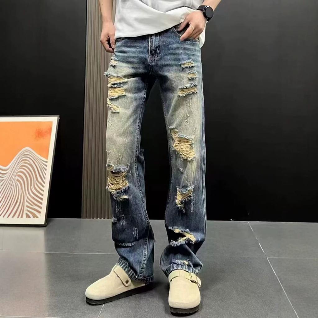 Summer New Trendy Brand High Waist Thin Ripped Jeans Men's Trend Loose Straight Beggar Pants Ruffian Handsome