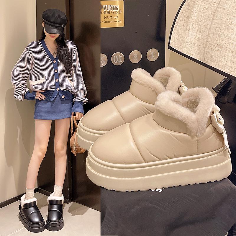 Women's Waterproof PU Leather Slippers: Thick Sole, Warm Velvet, Non-slip Bow Design for Outdoor Use