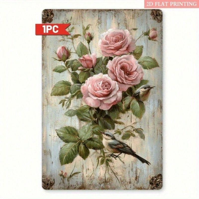 Vintage Metal Poster Wall Art, Nautical Romance, Roses Birds Living Room Decor