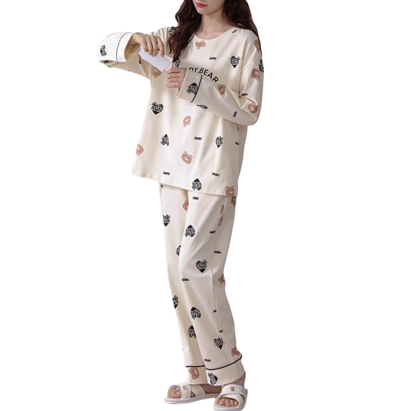 

Round Long Top and Bottom Cartoon Embossed Soft to the Loose Elastic Lazy Winter Guo.KK7 Women s Pajamas, Neck, Sleeves, Set, Thin, Print, Loungewear,