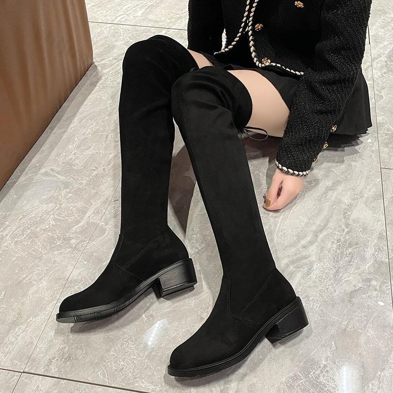 Fashion Women's Over Knee Elastic Boots 2025 Flat Bottom Velvet Long Tube Boots High Tube Round Toe Pure Color Simple Style Adult Shoes