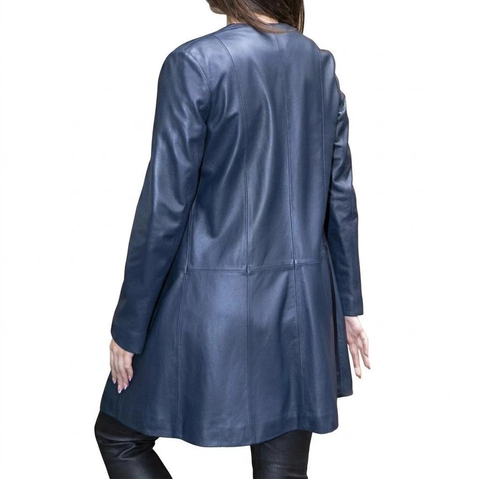 Gabardina Auténtica Hecha a Mano de Piel de Cordero Genuina Elegante para Mujer Azul Marino
