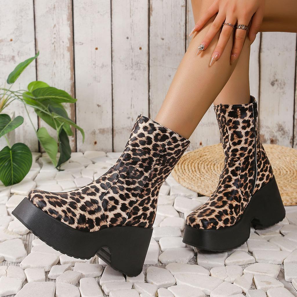 Fashion 2025 New Boots Leopard Thick High Heels Round Toe Platform Ankle Shoes Punk Goth Fashion Luxury Casual Comfy Platform Wome Boot