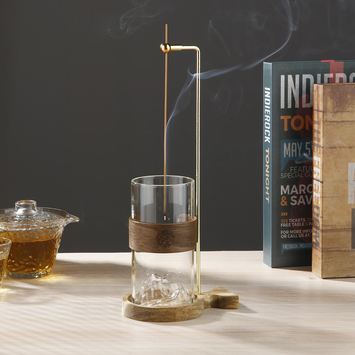 Стеклянный держатель для благовоний в виде горы для палочек Держатель для палочек благовоний с шнурковым замком Противопепельный летающий курильница для благовоний с пепельницей