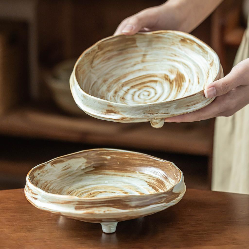 Plate Coarse Pottery Tableware Three-Legged Special-Shaped Plate Household Restaurant Fruit Plate Retro Dessert Plate Jingdezhen Same Commercial