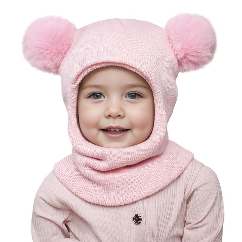 Pompom Baby Winter Hat Scarf One-piece Kids Knitted Beanie Warm Ears Neck Children Bonnet Infant Cap for Girls Boys 1-5Y