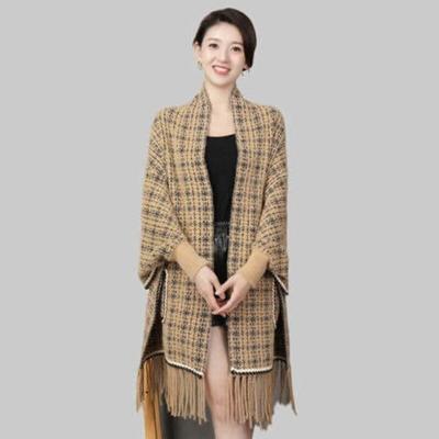 Tassel Knitted Shirt Women Fashionable Plaid Marten Like Cloak Cape Small Fragrant Sweater Cape Coat Autumn and Winter