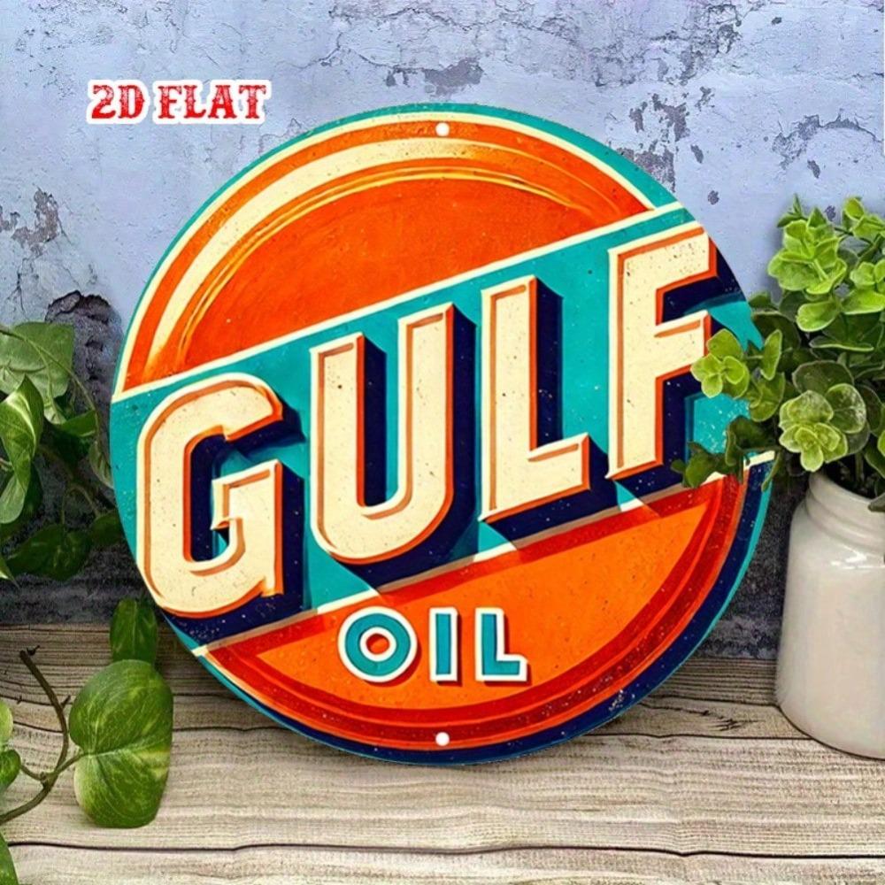Vintage Metal Tin Sign Round Gulf Oil Brand Wall Art Garage Cafe Decor