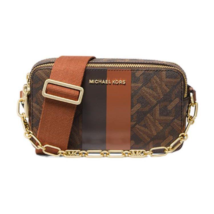 

Michael Kors MK Jet Set Logo Stripe Classic Monogram Zipper Closure Faux Leather Camera Bag Women Shoulder Bag Dark-Brown 32H3GJ6C1B-277 Basic Set (Bag+Dust Bag)