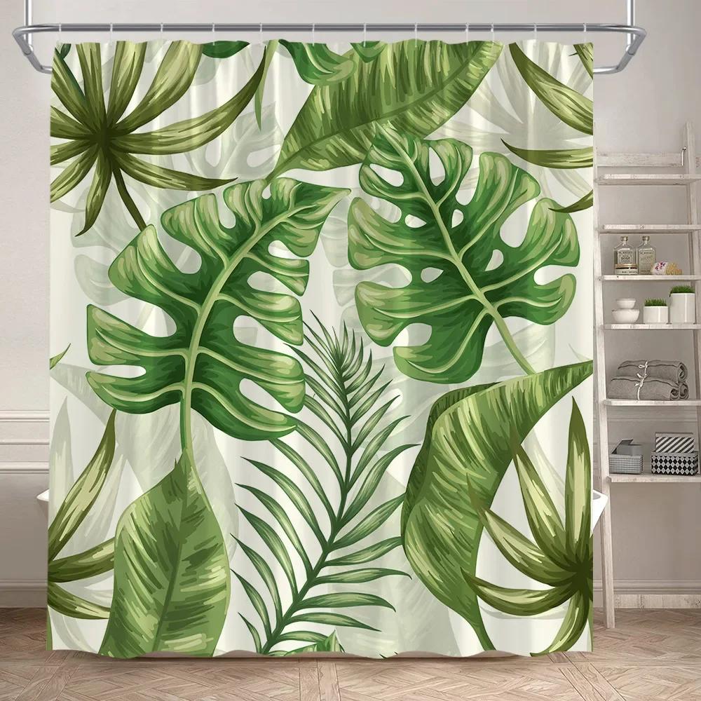 Leaves Shower Curtain Green PTropical alm Leaf Monstera Plant Bath Curtains Set Polyester Fabric Home Bathroom Decor with Hooks