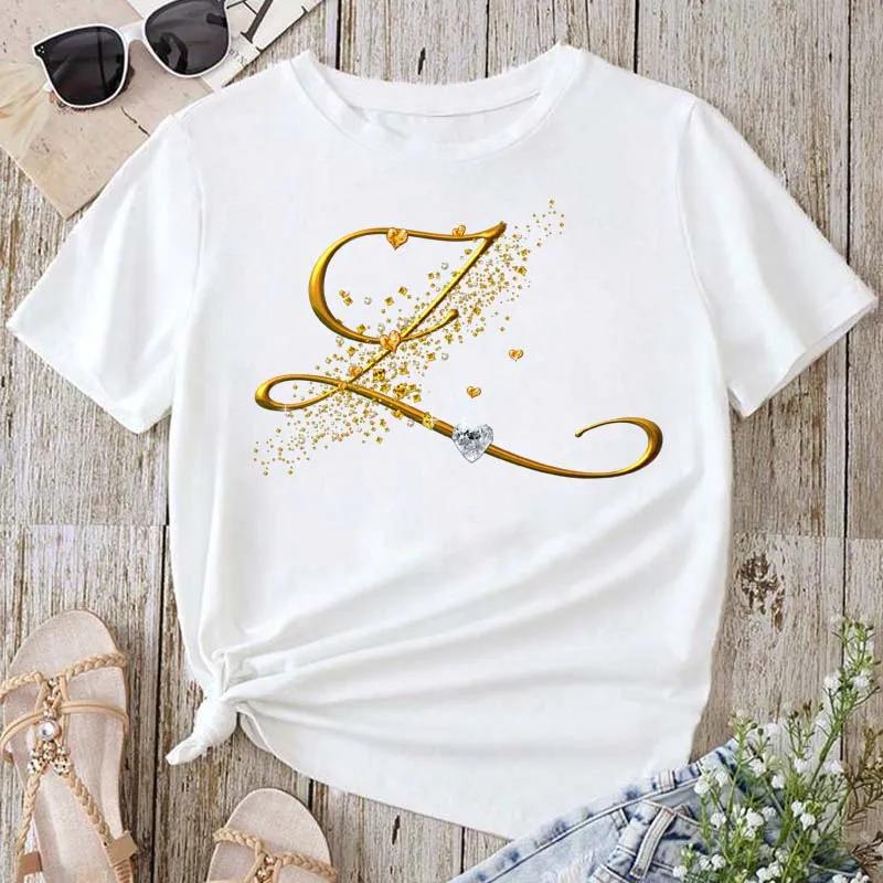 

Custom Name Letter Combination Fashion Women s T-shirt Diamond Gold Letter Font A B C D E F G Short Sleeve Tops White Cotton T-shirt 3XL
