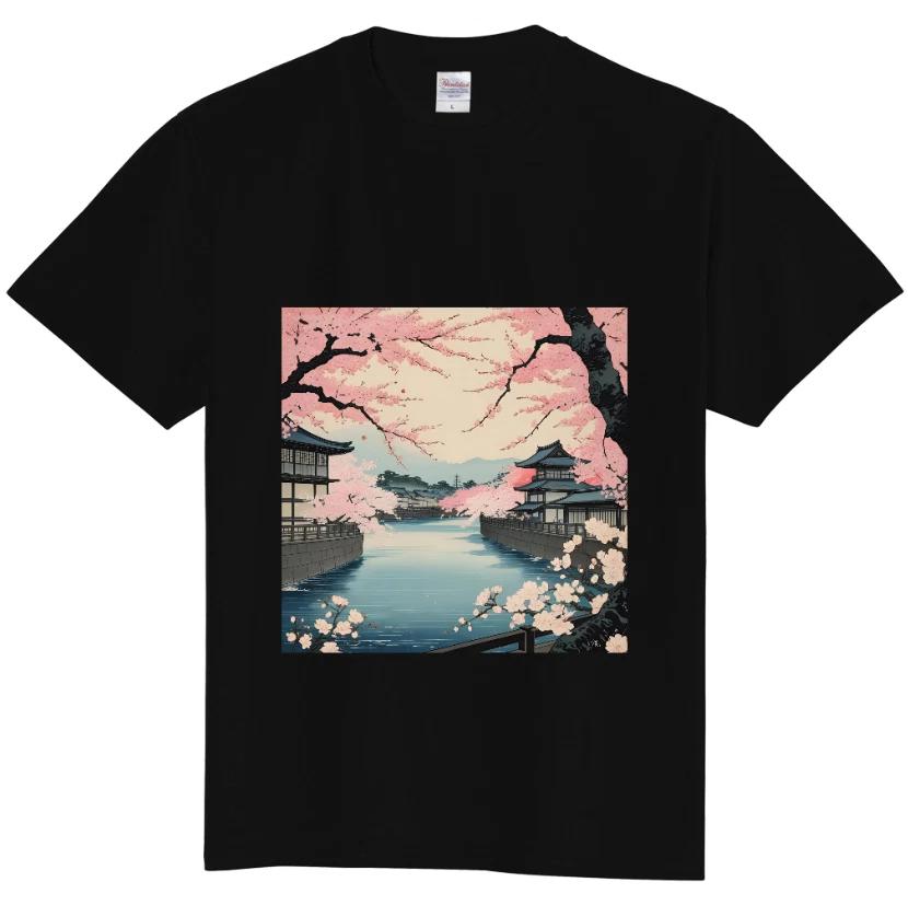 Japanese Sakura Riverside View T-Shirt | Cherry Blossoms & Scenic Japan Tee 2XL