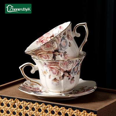 European Style Rose Ceramic Mugs Light Luxury Coffee Cups Vintage Gold Edged Milk Cup Breakfast Mug Kitchen Drinkware