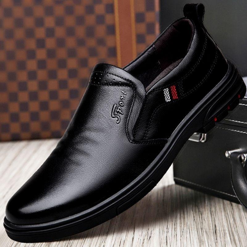 Men's Leather Shoes Business Style First Layer Cowhide 2025 Comfortable Soft Sole One Pedal Men's Shoes Casual Dad Black