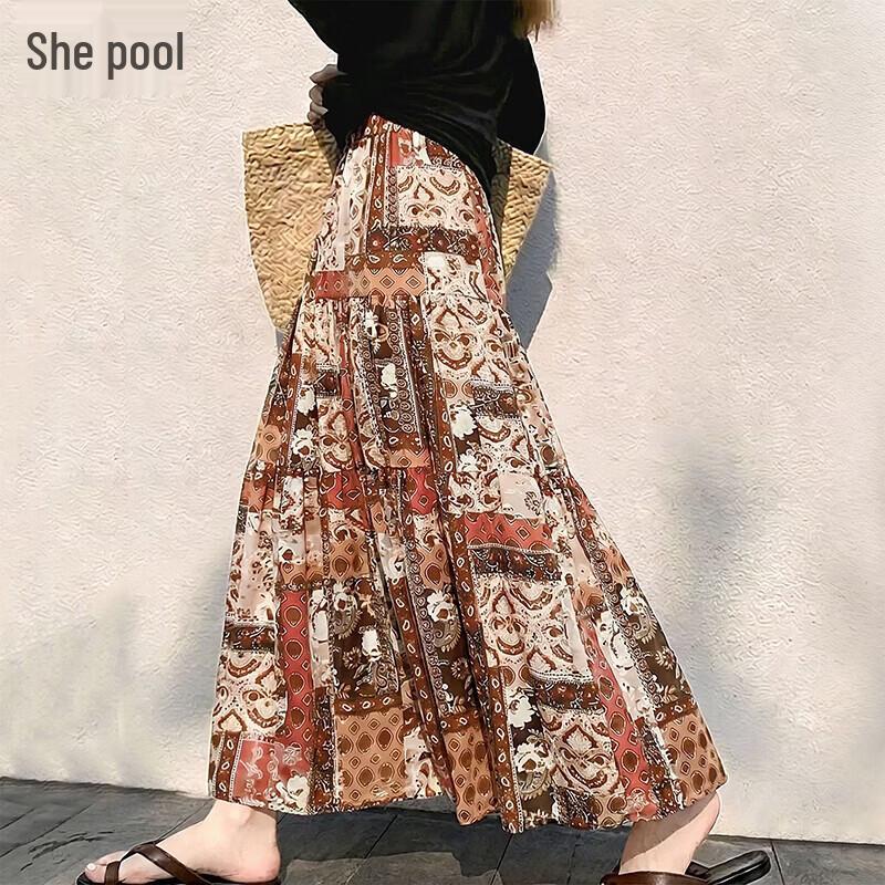 Women s Retro Ethnic Floral A-Line Maxi Skirt One Size