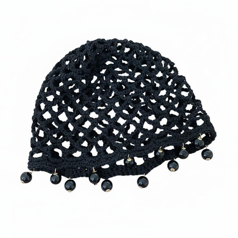 Pearl Fringed Crochet Hat Hollowed Out Woven Hat Casual Beret Cap  Bride Headpiece