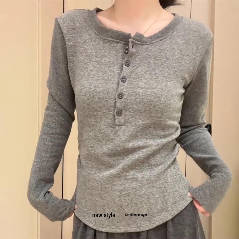 Korean Style Henley Collar Women's Slim Fit Long Sleeve Base Layer Top