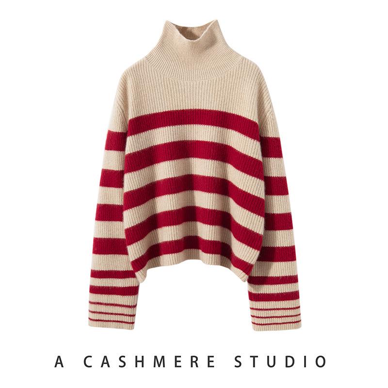 Women's Cashmere High-Neck Striped Sweater, Loose Fit, Autumn/Winter Casual Knitwear