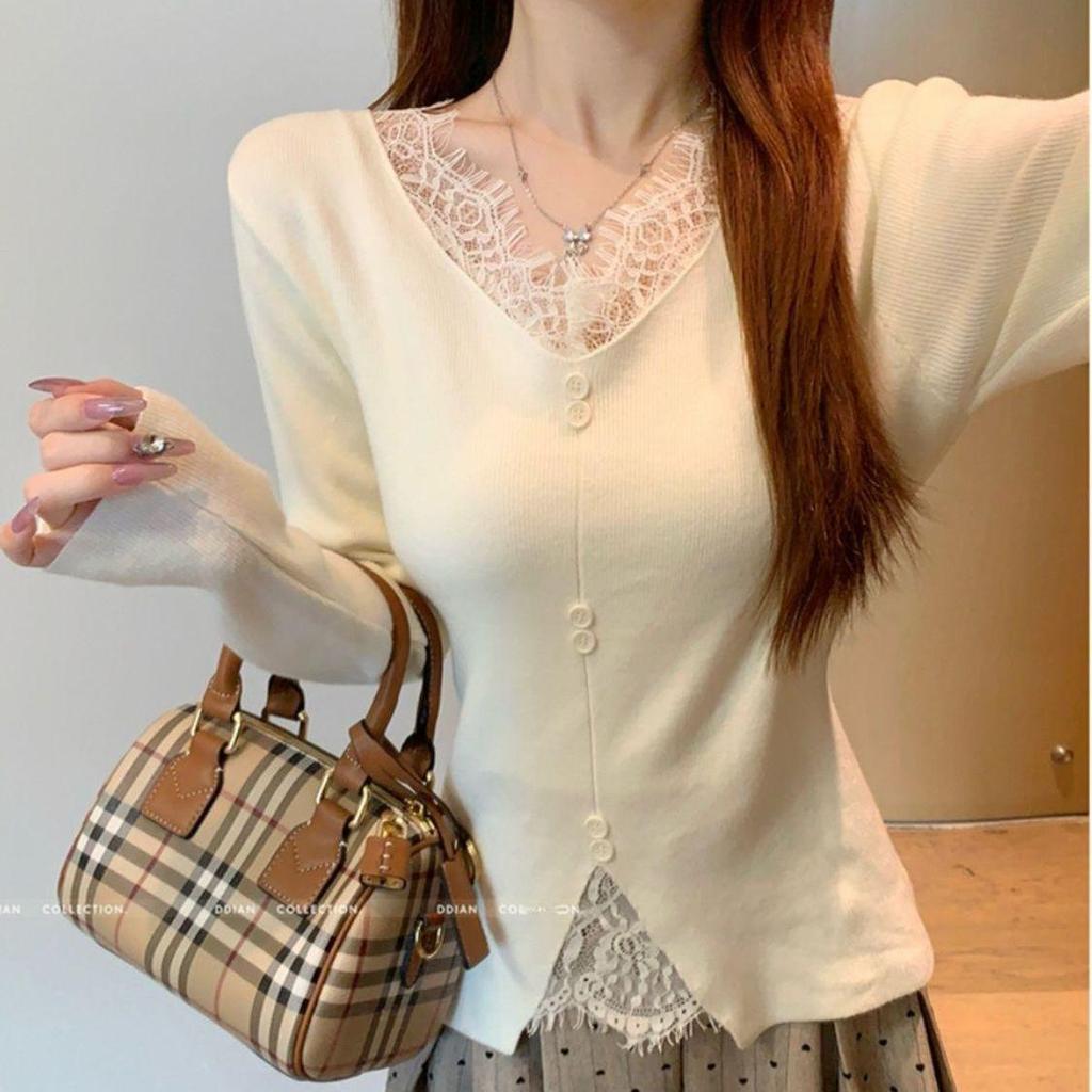 Niche V-Neck Lace Patchwork Knitwear: Autumn/Winter Slimming Cinched Waist Long Sleeve Top for Women