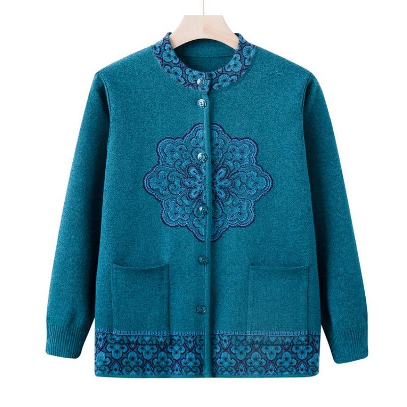 

Пожилая осенняя одежда женская для мамы весенне-осенний новый свитер куртка среднего и пожилого возраста бабушка вязаный свитер кардиган топ 5XL (recommended 150-82.5kg) синий